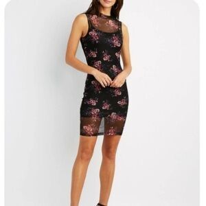 Charlotte Russe Black Mesh Midi Dress with Pink Floral Print